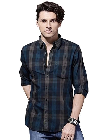 IndoPrimo Men's Regular Fit Checks Cotton Casual Shirt for Men Full Sleeves - Suzuki